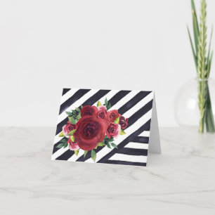 Black & White Striped Note Card with Red Flowers