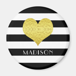 Black White Striped Pattern Gold Heart Name Print Magnet
