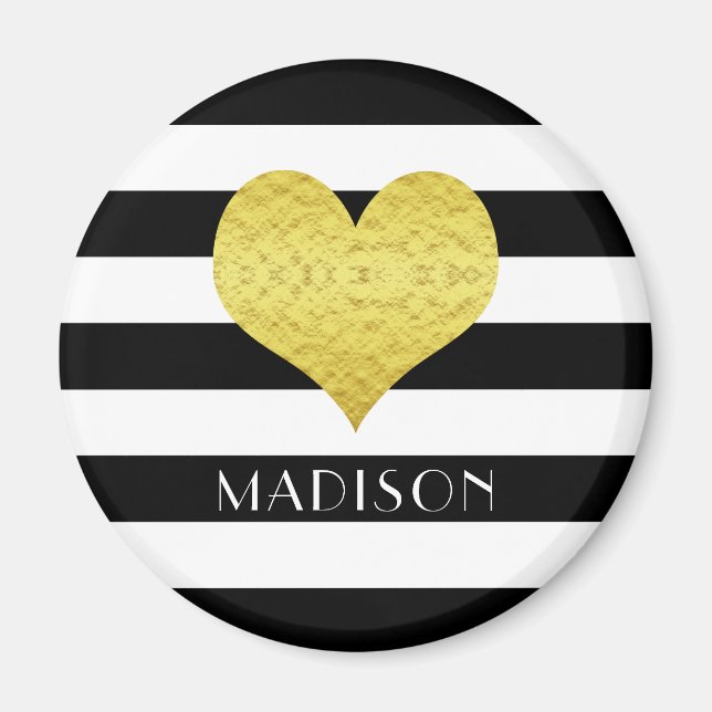 Black White Striped Pattern Gold Heart Name Print Magnet (Front)