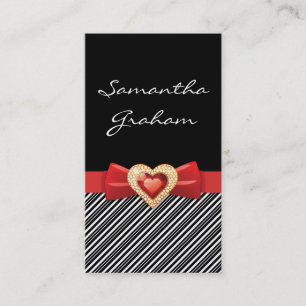 Black white striped pattern with red bow and jewel business card