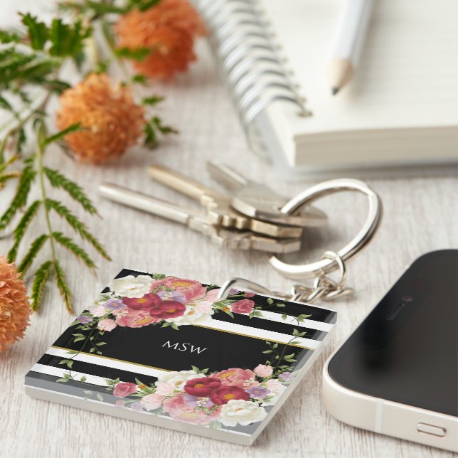 Black White Striped Peonies & Gold Personalised Key Ring (Front Right)