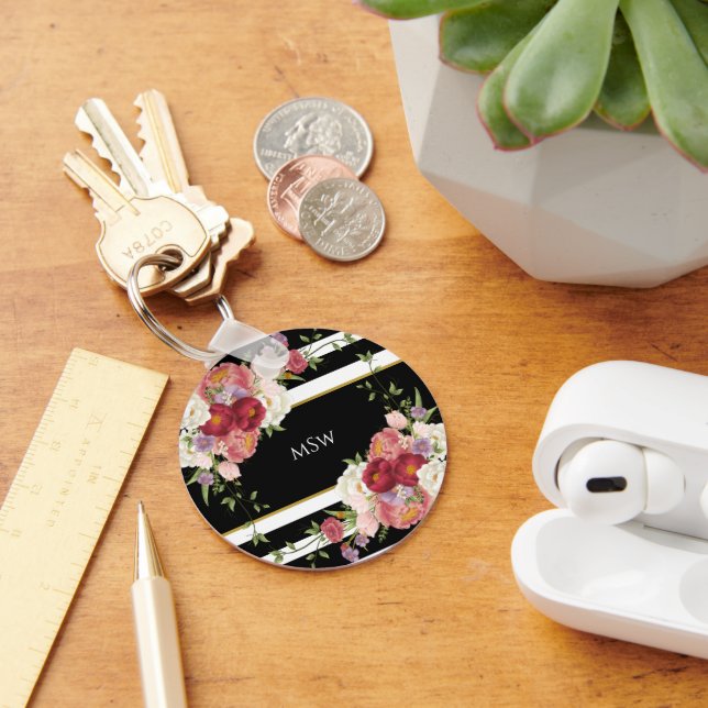 Black White Striped Peonies & Gold Personalised Key Ring (Desk)