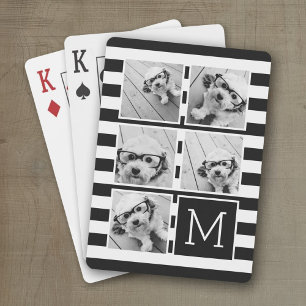 Black White Striped Photo Collage Custom Monogram Playing Cards
