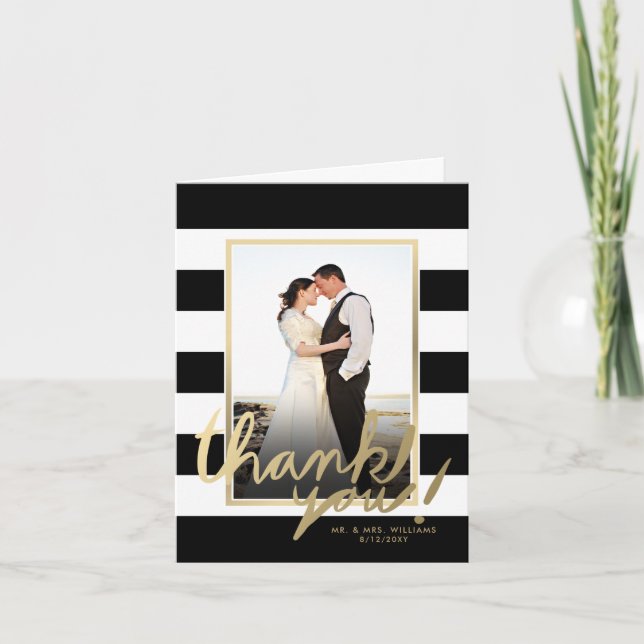 Black White Striped Photo Faux Gold Thank You Card (Front)