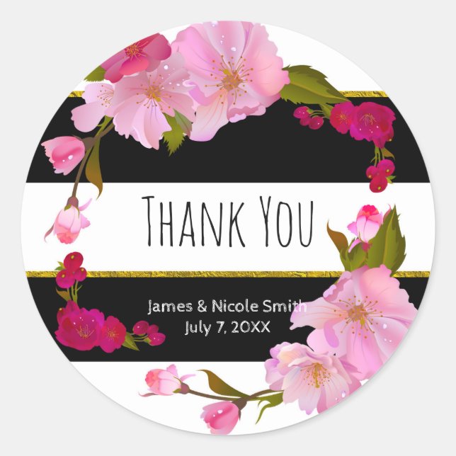Black & White Striped Pink Floral Wedding Favour Classic Round Sticker (Front)