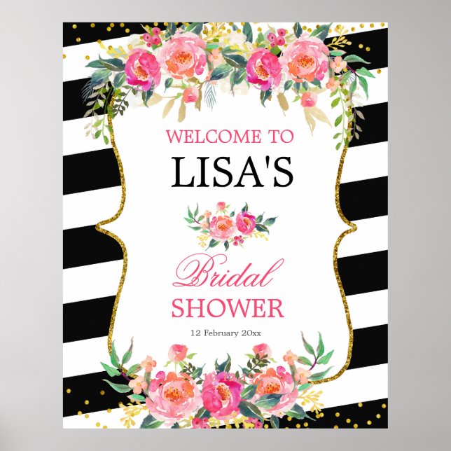 Black White Striped Pink Floral welcome sign (Front)