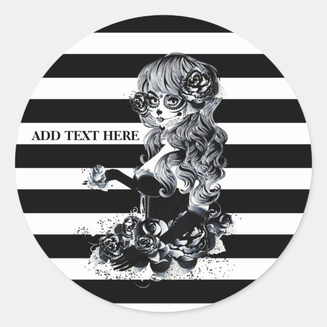 Black & White Striped Pretty Sugar Skull Girl Classic Round Sticker (Front)