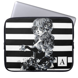 Black & White Striped Pretty Sugar Skull Girl Laptop Sleeve
