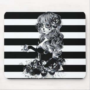 Black & White Striped Pretty Sugar Skull Girl Mouse Mat