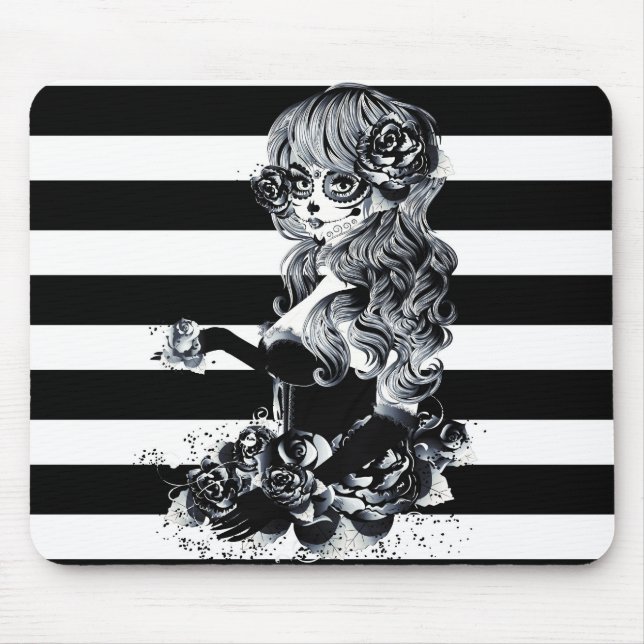 Black & White Striped Pretty Sugar Skull Girl Mouse Mat (Front)