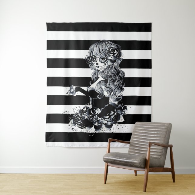 Black & White Striped Pretty Sugar Skull Girl Tapestry (In Situ)