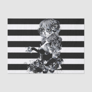 Black & White Striped Pretty Sugar Skull Girl Tissue Paper