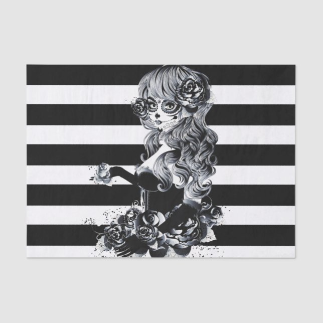 Black & White Striped Pretty Sugar Skull Girl Tissue Paper (Front)