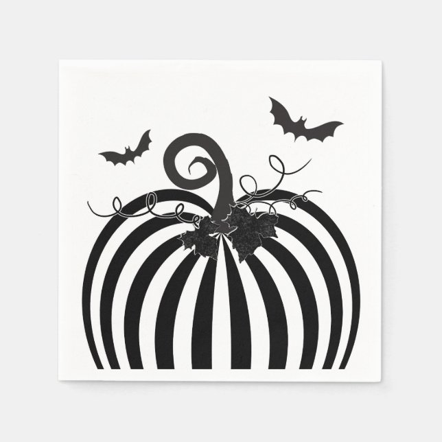 Black White Striped Pumpkin & Bats Halloween Party Napkin (Front)