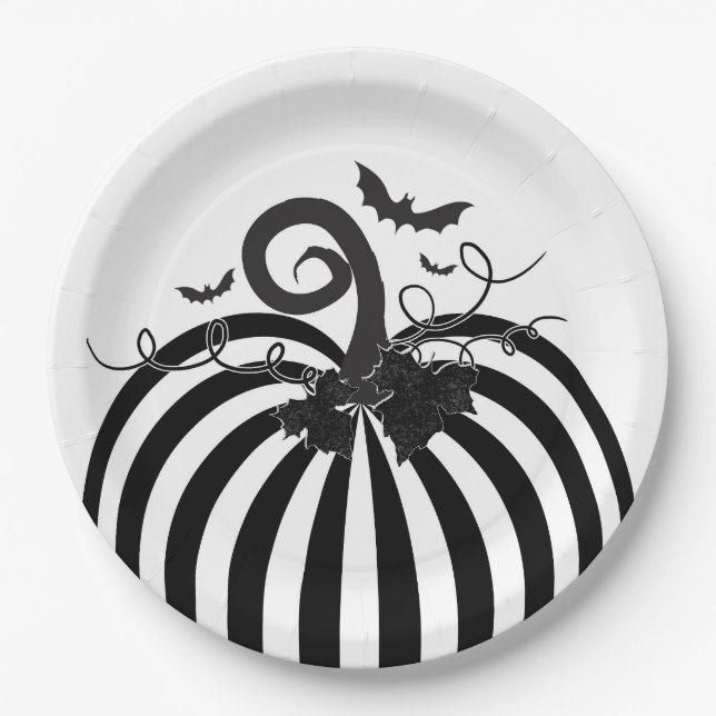 Black White Striped Pumpkin & Bats Halloween Party Paper Plate (Front)