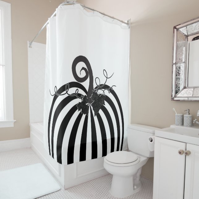Black & White Striped Pumpkin Chic Autumn Fall  Shower Curtain (In Situ)