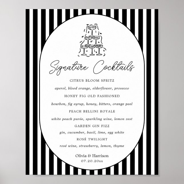 Black White Striped Signature Drinks Menu Poster (Front)