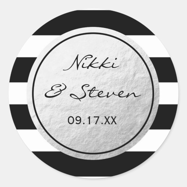 Black & White Striped Silver Foil Sticker Label (Front)