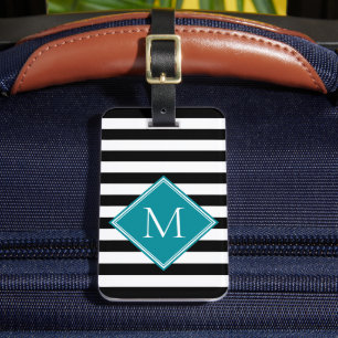 Black White Striped Teal Diamond Monogram Luggage Tag