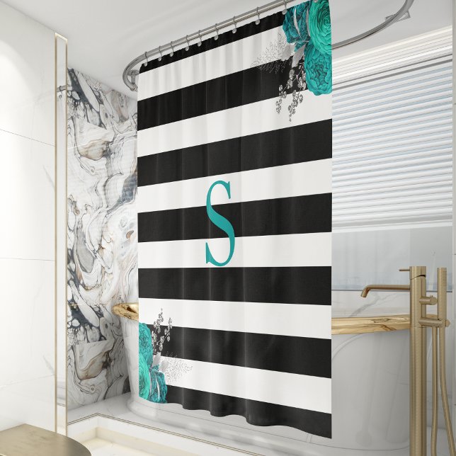 Black White Striped Teal Silver Floral Monogram Shower Curtain (Creator Uploaded)