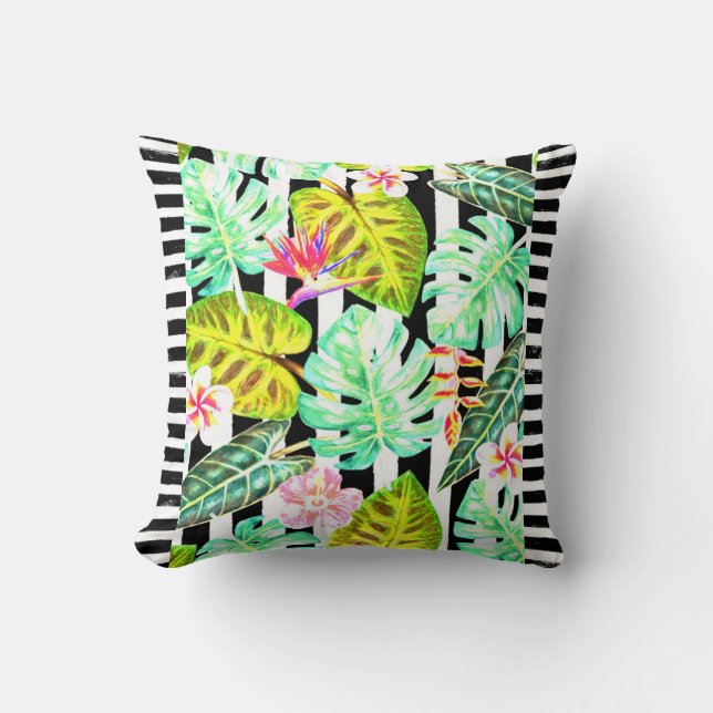Black & White Striped Tropical Throw Pillow (Front)