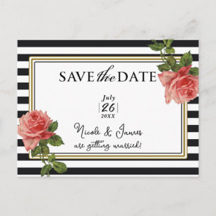 Black & White Striped Vintage Pink Rose Postcard