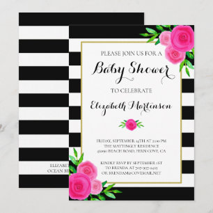 Black White Striped Watercolor Floral Baby Shower Invitation