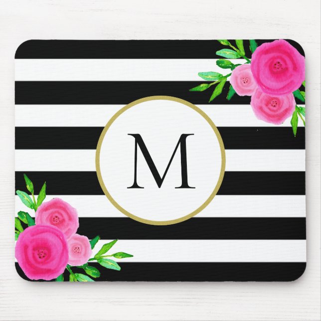 Black White Striped Watercolor Floral Monogram Mouse Mat (Front)