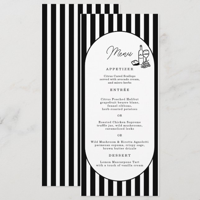 Black White Striped Wedding Long Menu Card (Front/Back)