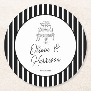 Black White Striped Wedding Round Paper Coaster