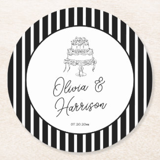 Black White Striped Wedding Round Paper Coaster
