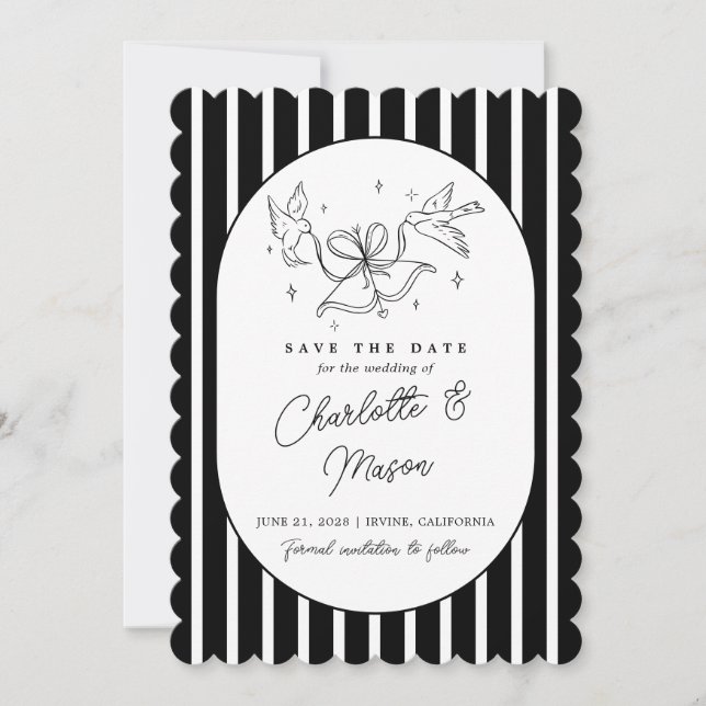 Black White Striped Whimsical Save the Date Invitation (Front)