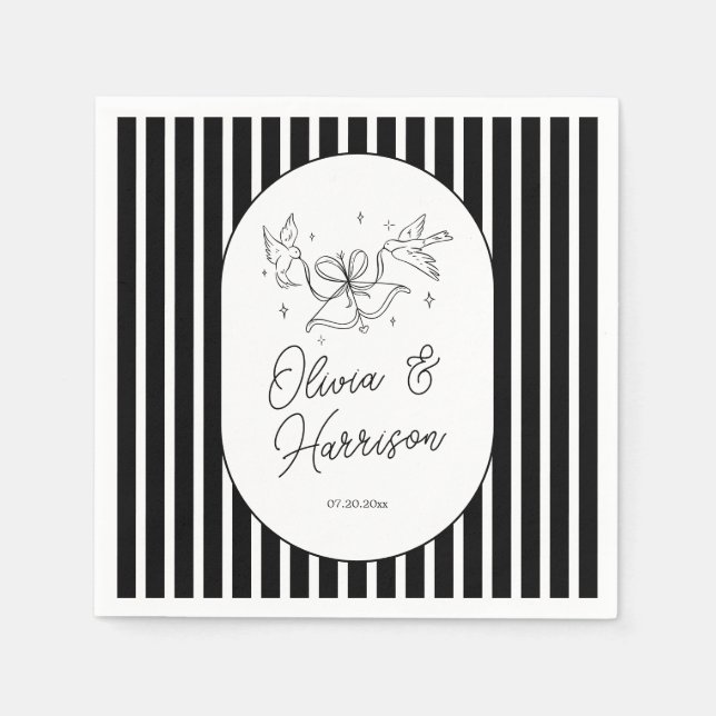 Black White Striped Whimsical Wedding Napkins (Front)