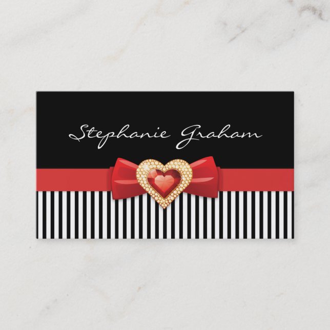 Black white striped with red bow and jewel business card (Front)