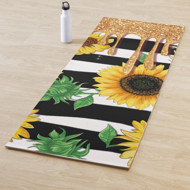 Black & White Striped Yoga Mat with Sunflowers  (In Situ)