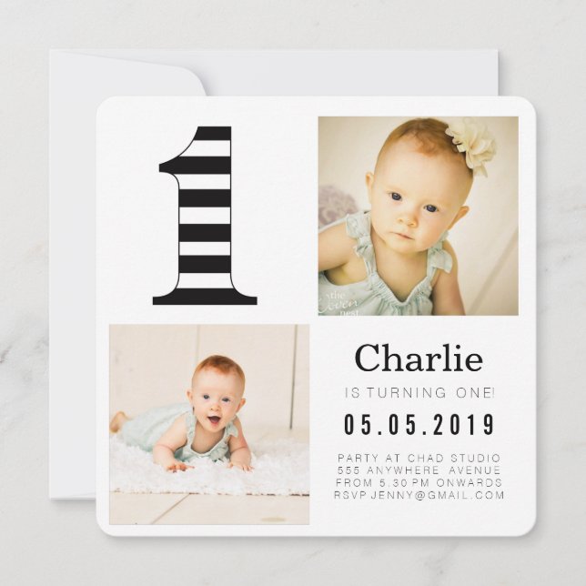 Black & White Stripes 1st Birthday Photo Cards (Front)
