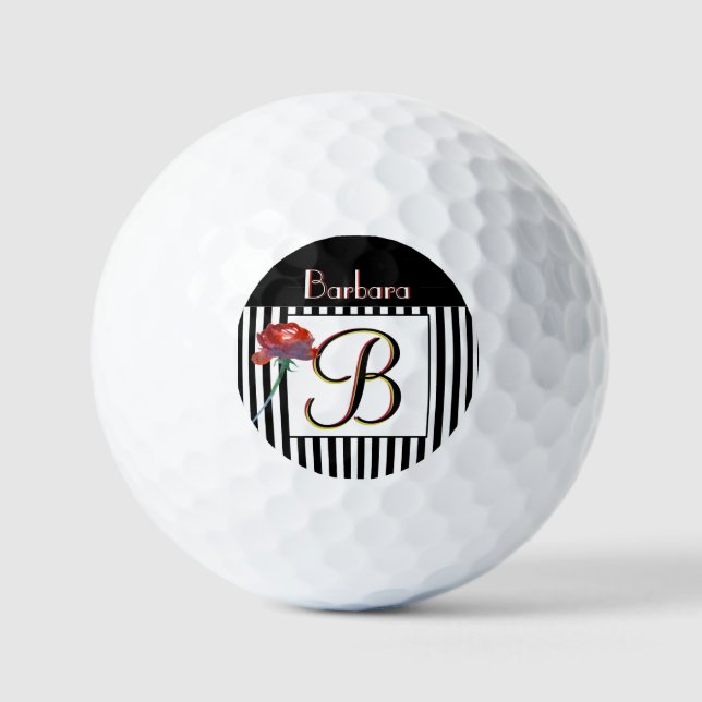 Black White Stripes a Rose 3 Colour Monogram  Golf Balls (Front)