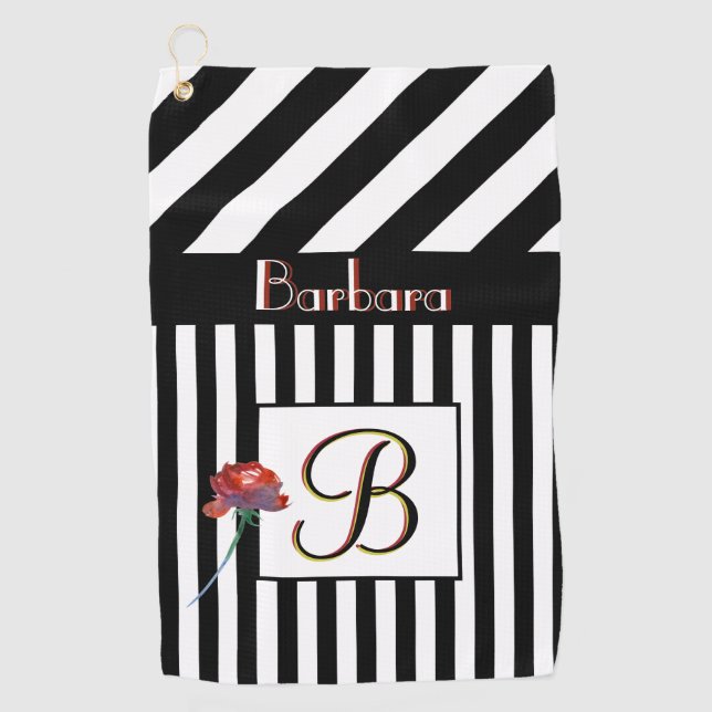 Black White Stripes a Rose 3 Colour Monogram  Golf Towel (Front)