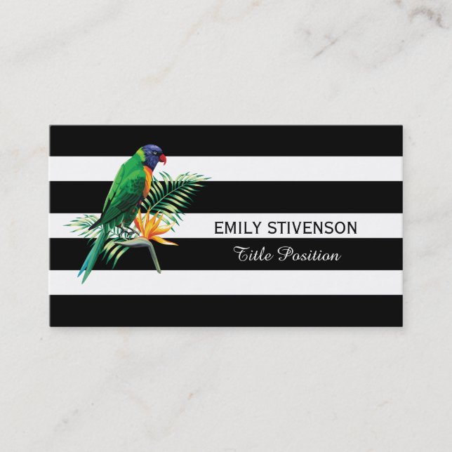 Black White Stripes And Colourful Parrot Business Card (Front)