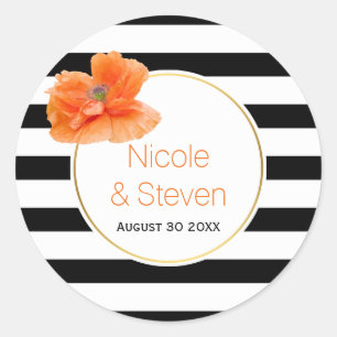 Black white stripes and coral poppy flower wedding classic round sticker