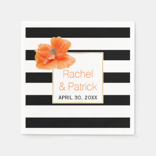 Black, white stripes and coral poppy wedding napkin