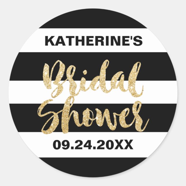 Black White Stripes and Gold Bridal Shower Favour Classic Round Sticker (Front)