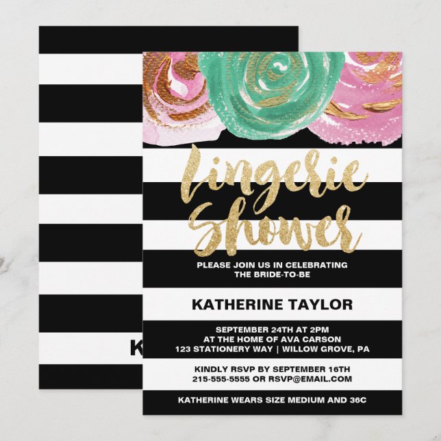 Black White Stripes and Gold Text Lingerie Shower Invitation (Front/Back)