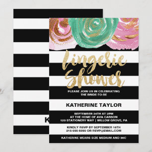 Black White Stripes and Gold Text Lingerie Shower Invitation