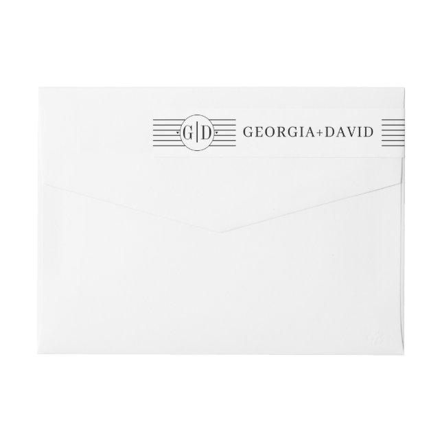 Black white stripes and monogram wedding wrap around label (Back)