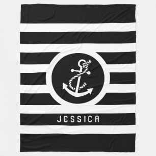 Black & White Stripes And Nautical Anchor Fleece Blanket