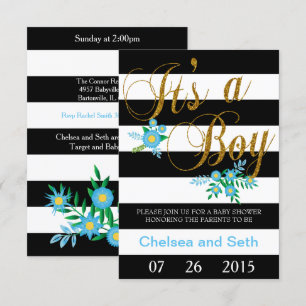 Black & White Stripes Blue Floral Baby Shower Invitation