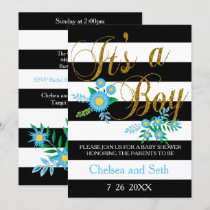 Black & White Stripes   Blue Floral   Baby Shower Invitation