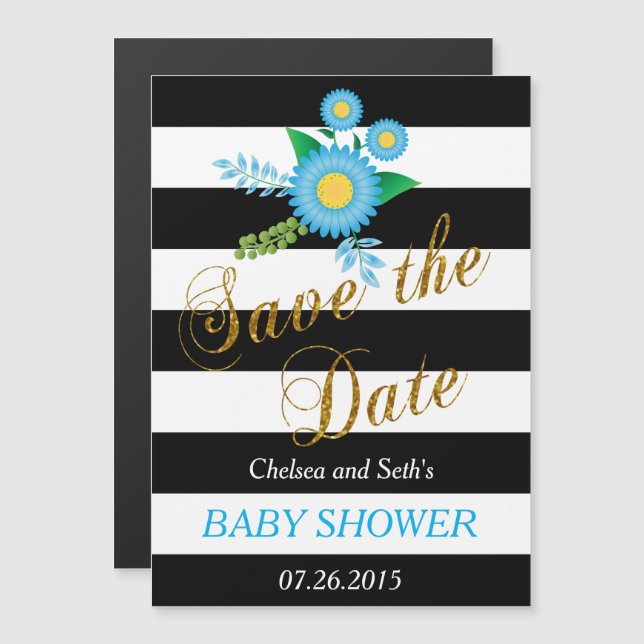 Black & White Stripes | Blue Floral | Baby Shower Magnetic Invitation (Front/Back)