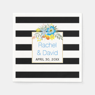Black, white stripes blue folklore flowers wedding napkin